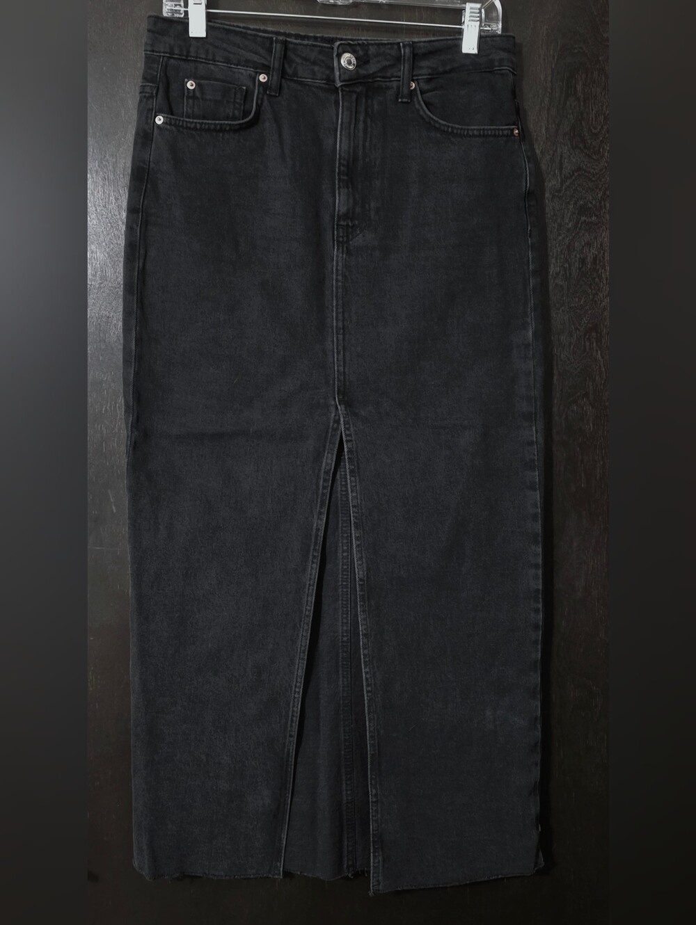 Stradivarius Black Denim Split Front Raw Hem Maxi Skirt Women's Size 4